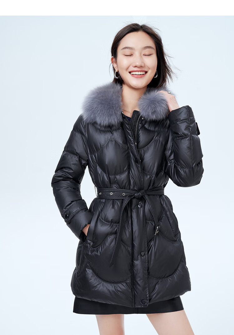 恩裳冬季新款时尚大毛领收腰修身羽绒服女白鸭绒中长款 白色 36/s