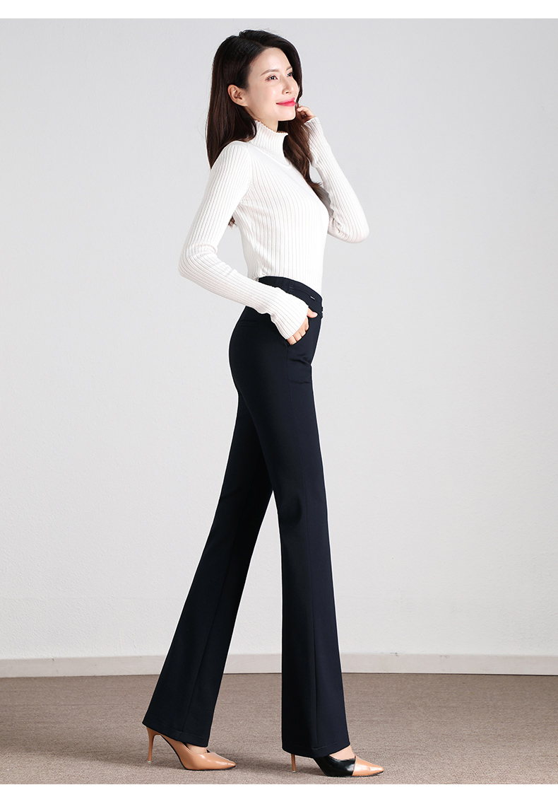 喇叭裤女2021春秋新款高腰显瘦弹力垂感直筒西裤女休闲微喇裤 藏青色