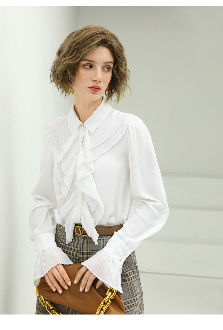 cocobella赫本风立体荷叶边白衬衫女秋冬重工风琴褶上衣ht529 白色 l