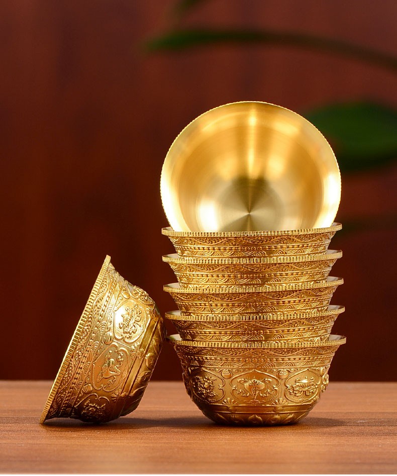 艺巅吉彩 供水杯供佛杯铜鎏金做旧佛前供水碗八吉祥雕花圣水杯七供杯