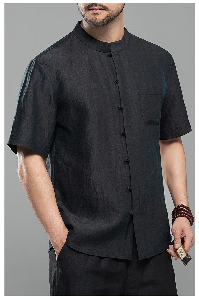 男夏装短袖真丝桑蚕丝莨绸套装复古爸爸爷爷中老年人中式禅意佛系华服