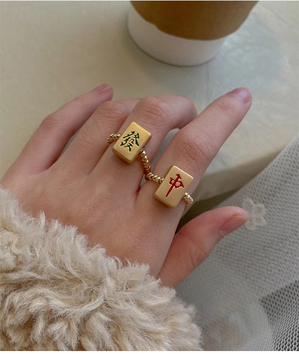 老凤凰红中发财麻将戒指女足金指环时尚黄金食指戒个性18k金珠编织