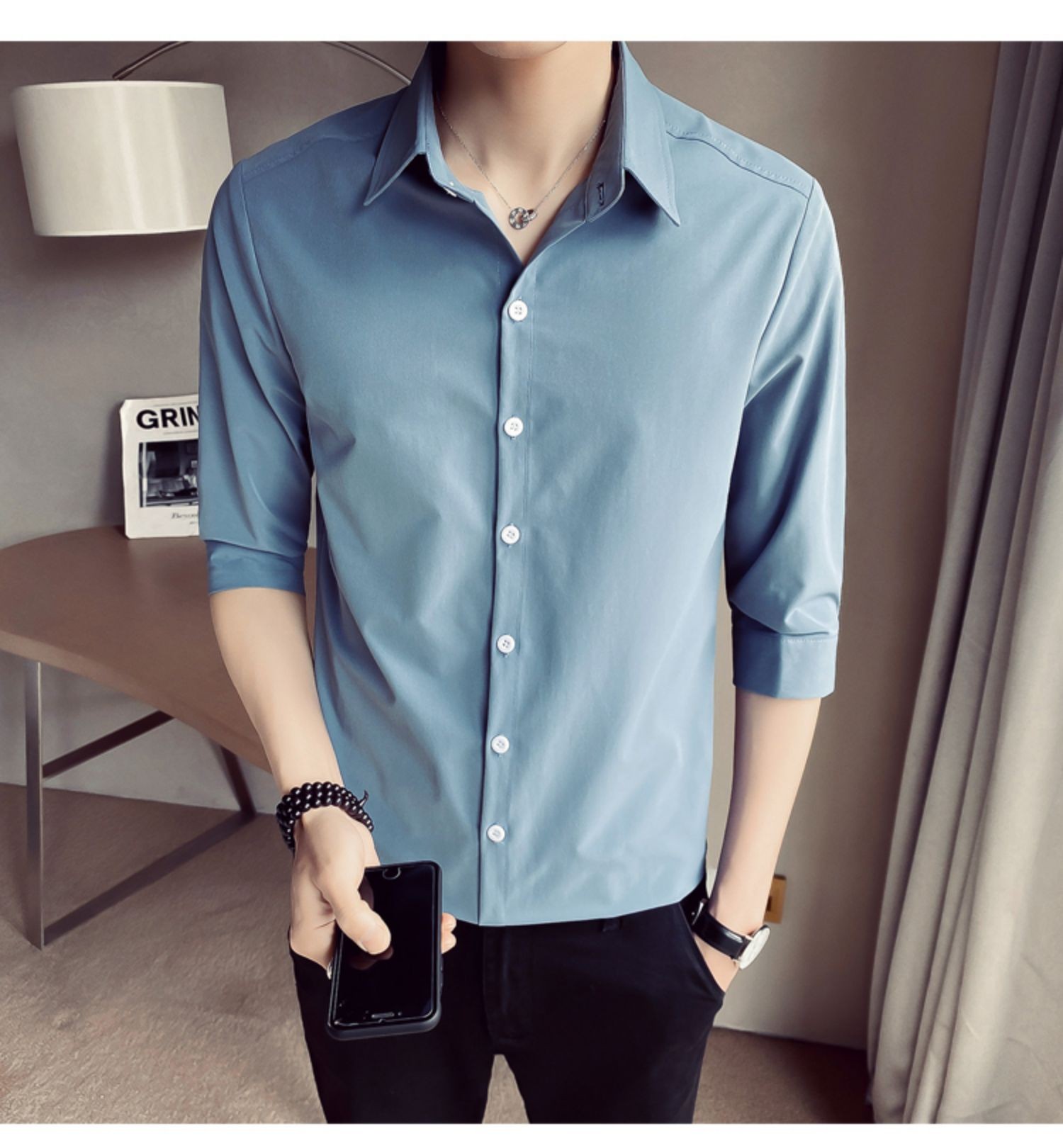 古莱登 衬衫男短袖2021年夏季新款男士修身百搭中袖纯色商务正装韩版