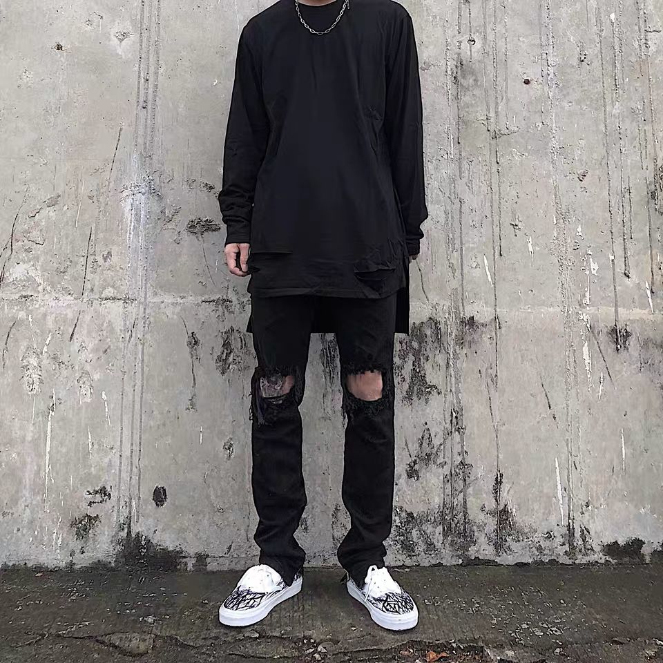 fo风格高街破洞牛仔裤长裤男韩版潮流ins修身百搭小脚裤子男女潮黑色