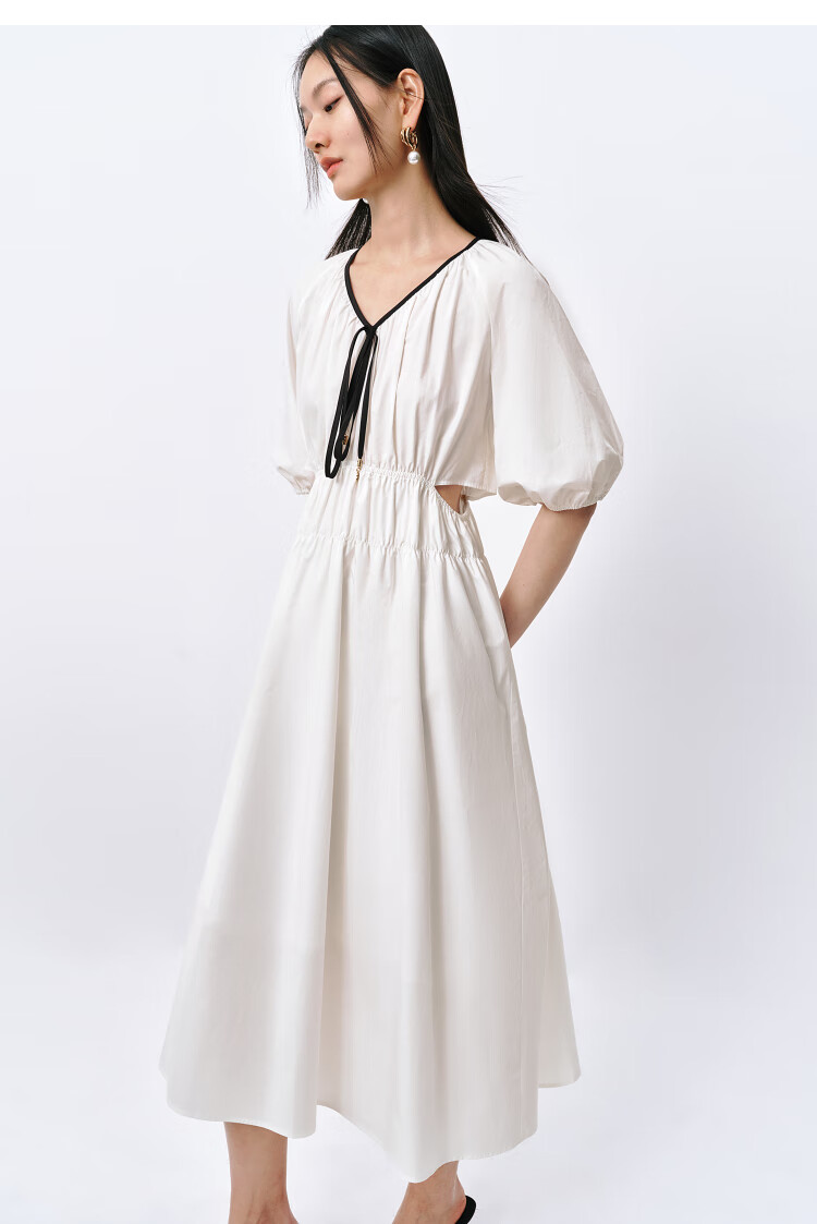 Peacebird Women's Premium Commuter Summer V-Neck Long Dress Small Brand Hollow Out Color-Block Simple Commuter White Long M 15