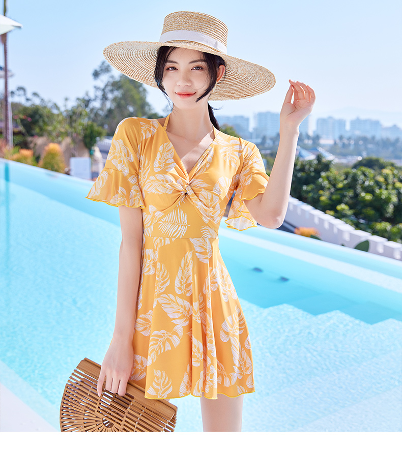 spzm游泳衣女夏新款遮肚显瘦连体韩国ins仙女范性感大码温泉泳装黄色