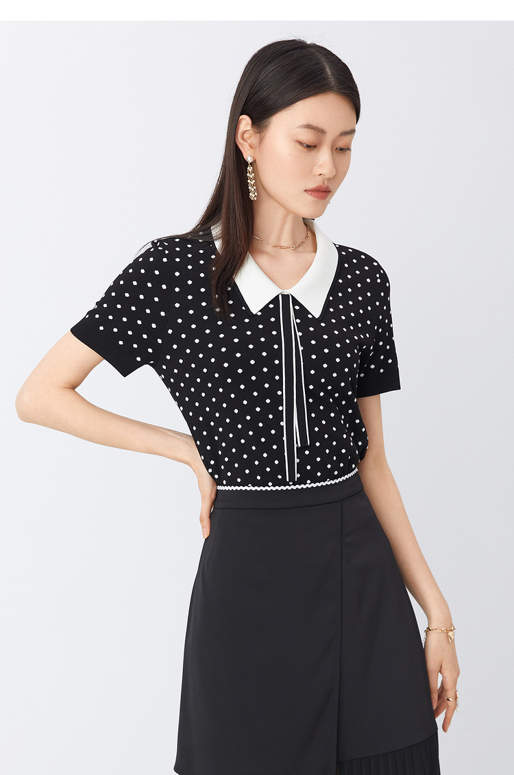 yiner音儿女装夏季新款百搭短袖波点针织衫 黑色 36【图片 价格 品牌