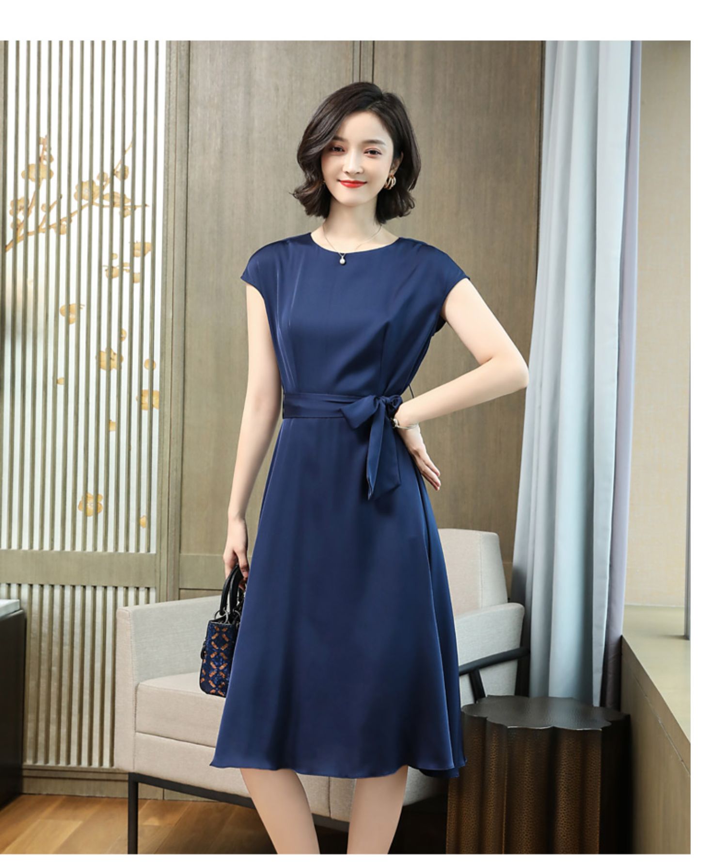 杭州真丝连衣裙女高端新款醋酸年轻款重磅桑蚕丝高档2021妈妈 浅蓝 xl