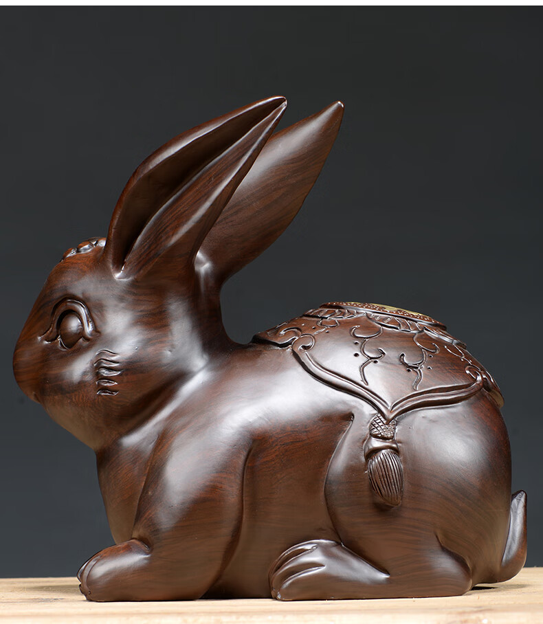 一木代传实木雕刻兔子摆件十二生肖福财兔木雕花梨木