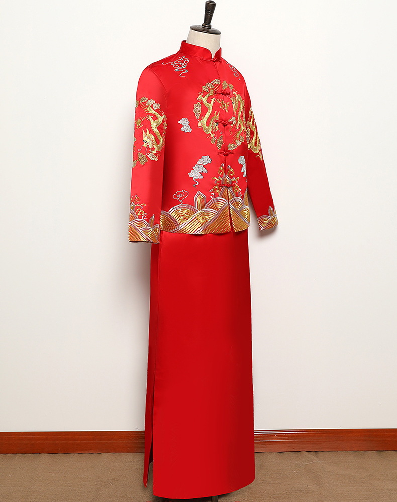 古代新郎中式结婚接亲敬酒礼服秀禾服男装新郎敬酒服中式结婚红色刺绣
