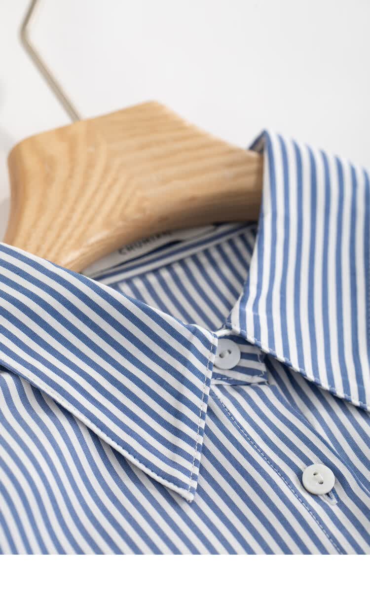 初棉蓝色条纹衬衫女宽松显瘦春季醋酸莫代尔叠穿衬衣设计感小众蓝白条