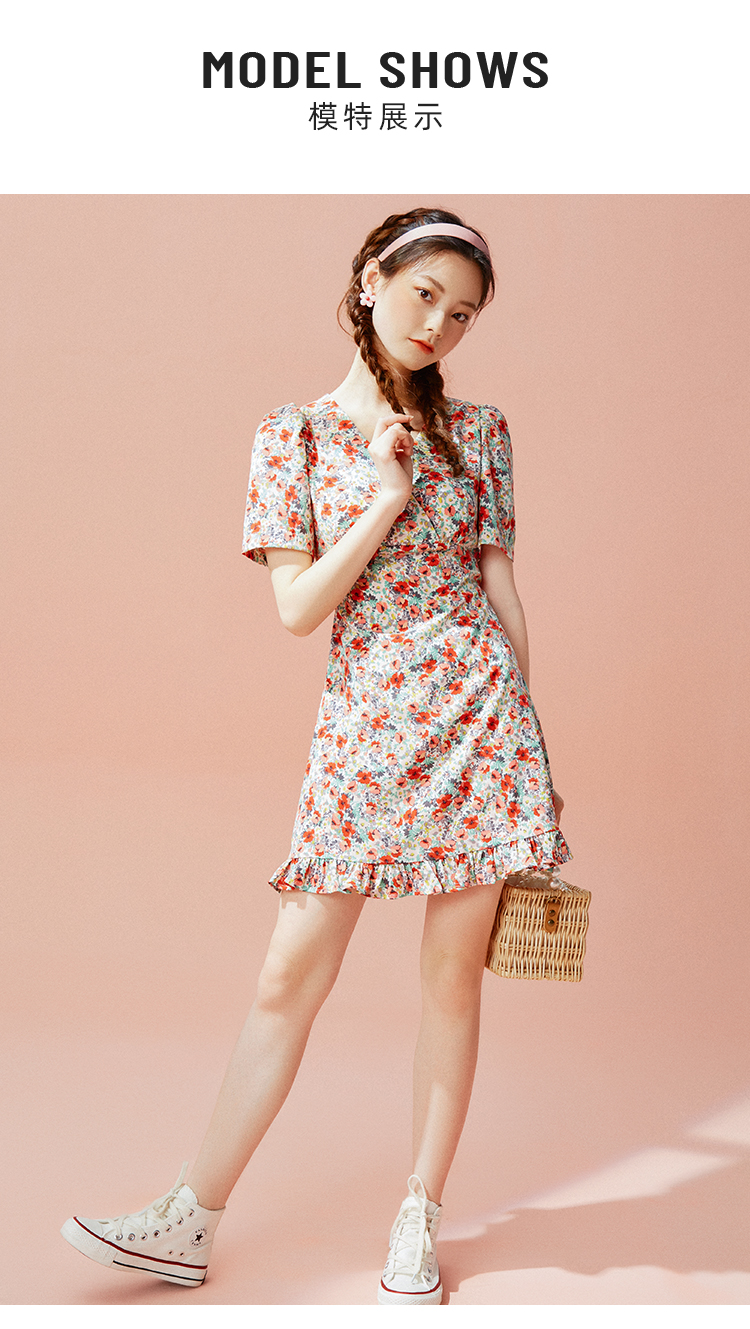 lolypop洛丽帕女装短袖碎花连衣裙新款夏装v领修身裙子中长裙红花色s