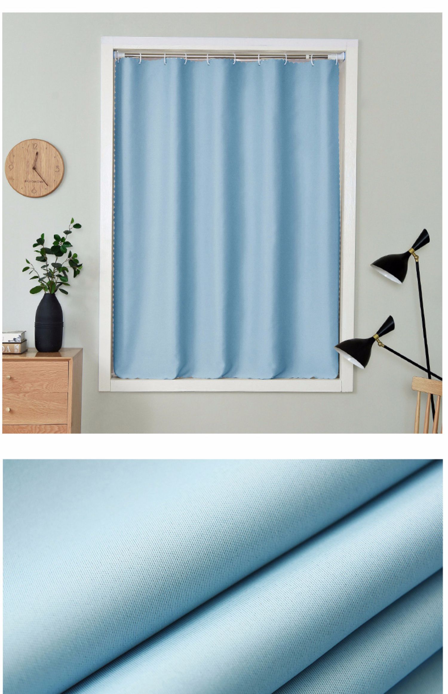 简易小窗帘免打孔安装飘窗短帘遮光卧室少女新款宿舍遮阳布伸缩杆绿色