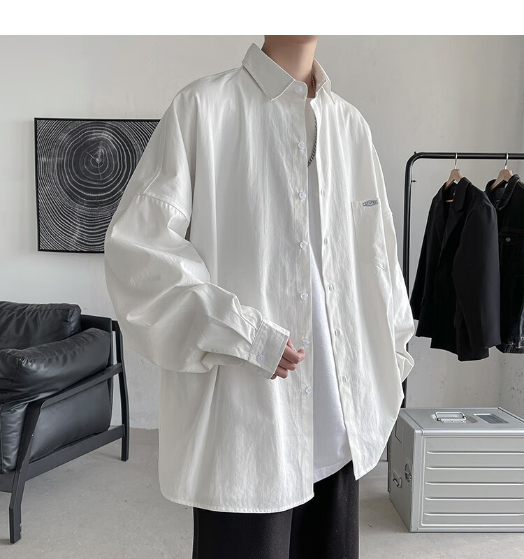 衬衫男长袖新款秋季韩版潮流宽松衬衣港风上衣服情侣百搭外套 雾霾蓝