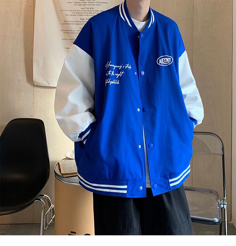 布须曼国潮克莱因蓝棒球服男冬季蓝白拼接夹克vintage美式外套over