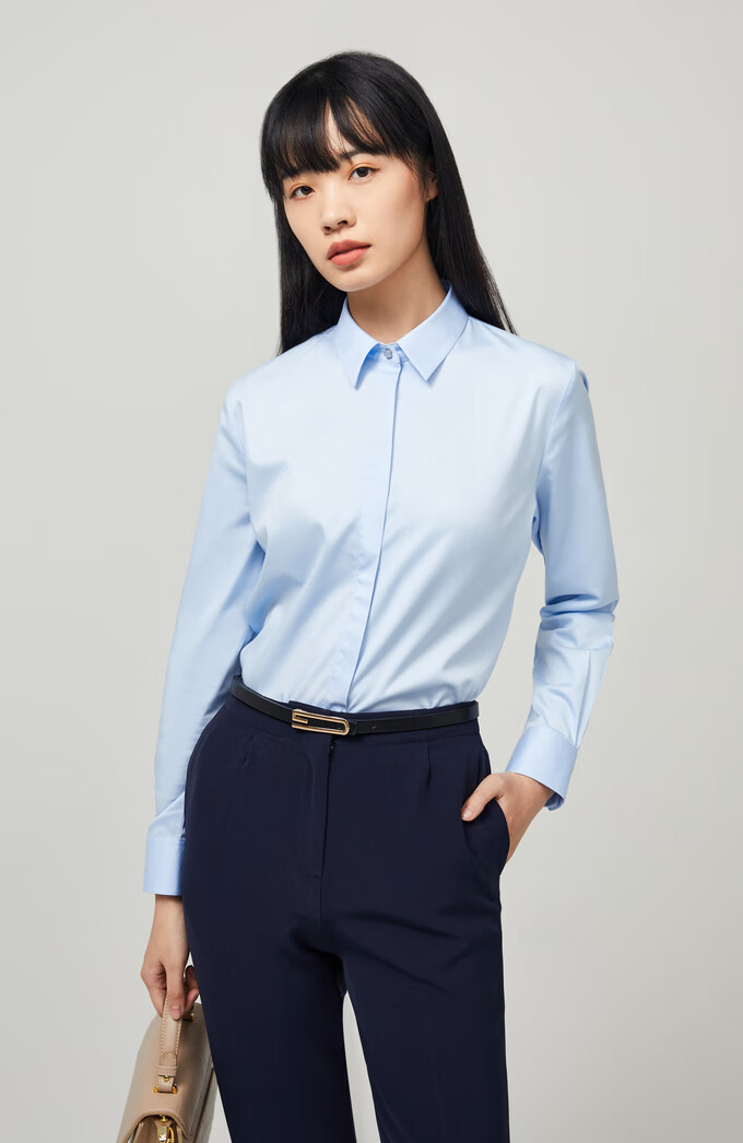 雅戈尔 衬衫女 职业女衬衫 长袖衬衫女 纯色衬衣 蓝衬衫 商务休闲