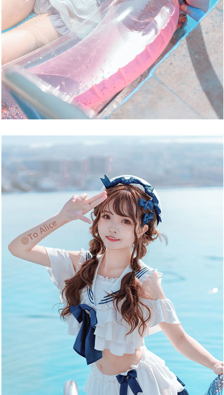 泳衣女分体可爱原创夏日绵绵冰海军风水手领分体泳衣泡温泉泳装 深