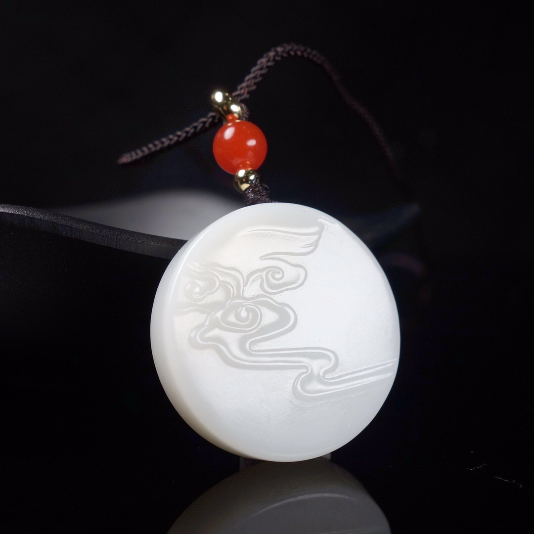 kk宝钰男女情侣玉石项链玉佩和田玉米达料祥云牌水牌云水牌子玉吊坠