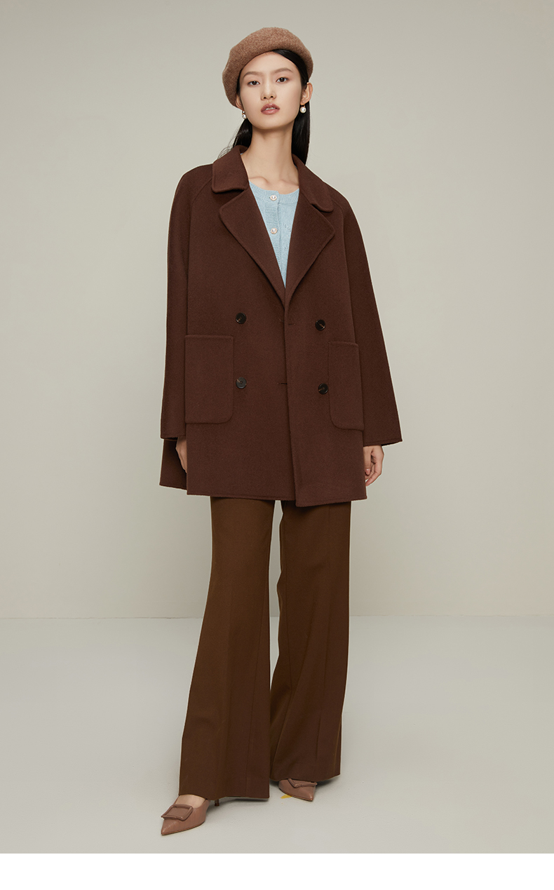 曼德诗全羊毛纯色双面呢大衣女2021冬季新款气质上衣排扣宽松外套咖色