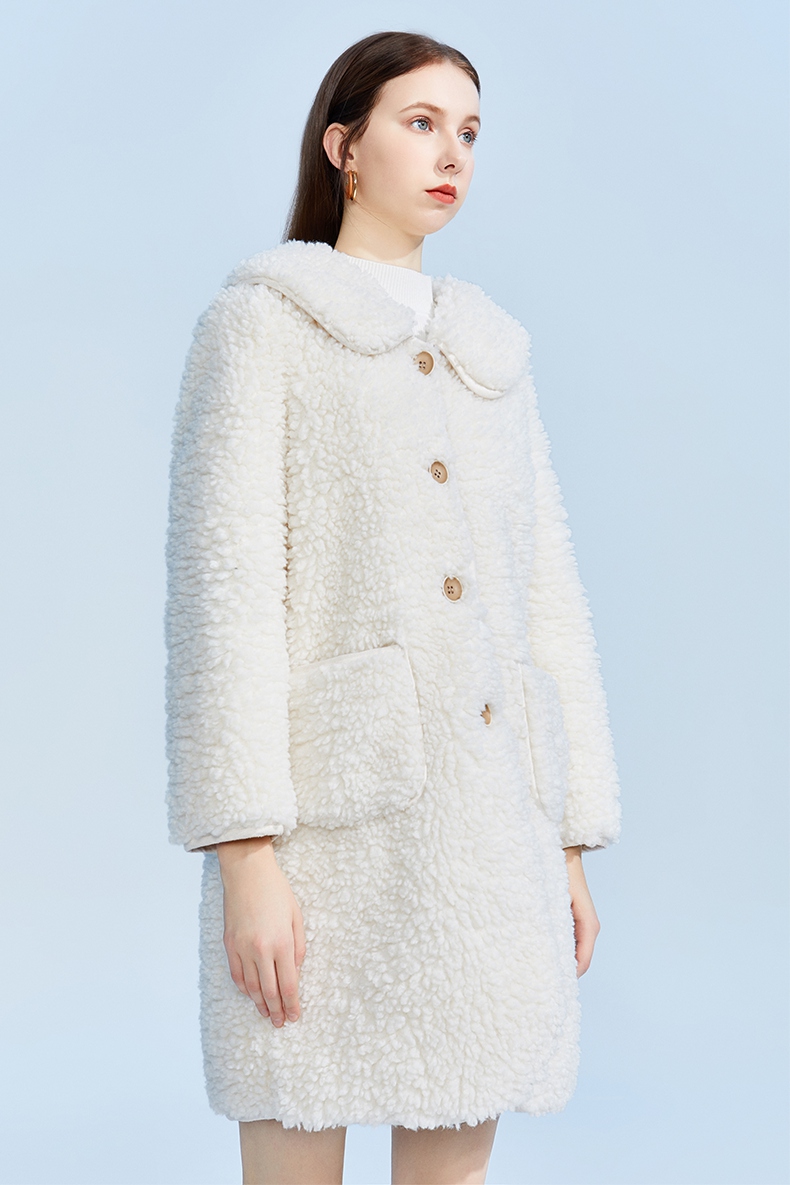 five plus新款女春装仿羊羔绒外套女长款毛毛大衣气质大翻领 米白010