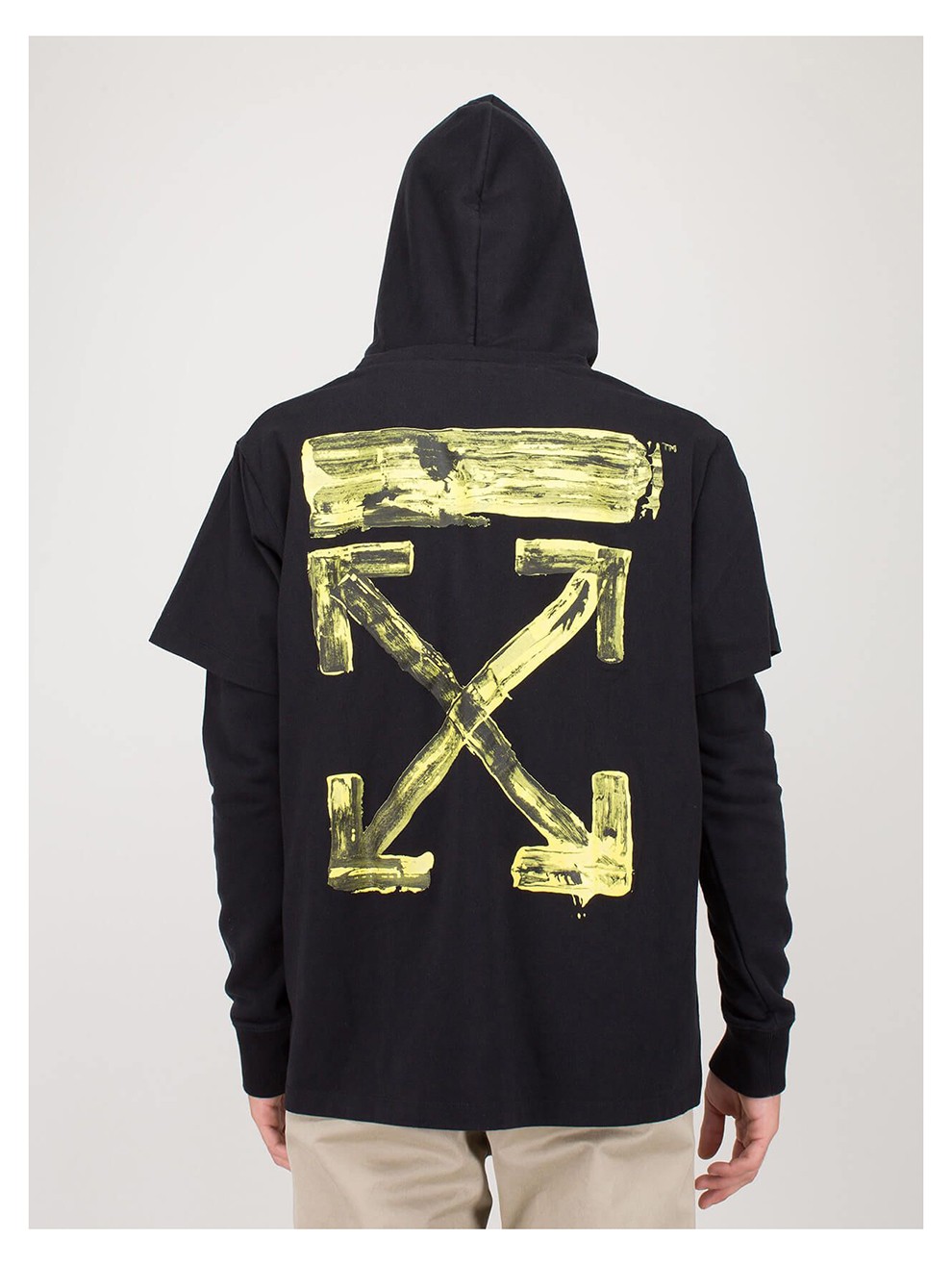 【现货】off white 新品男女同款棉质黄色条纹图案连帽套头衫t恤式