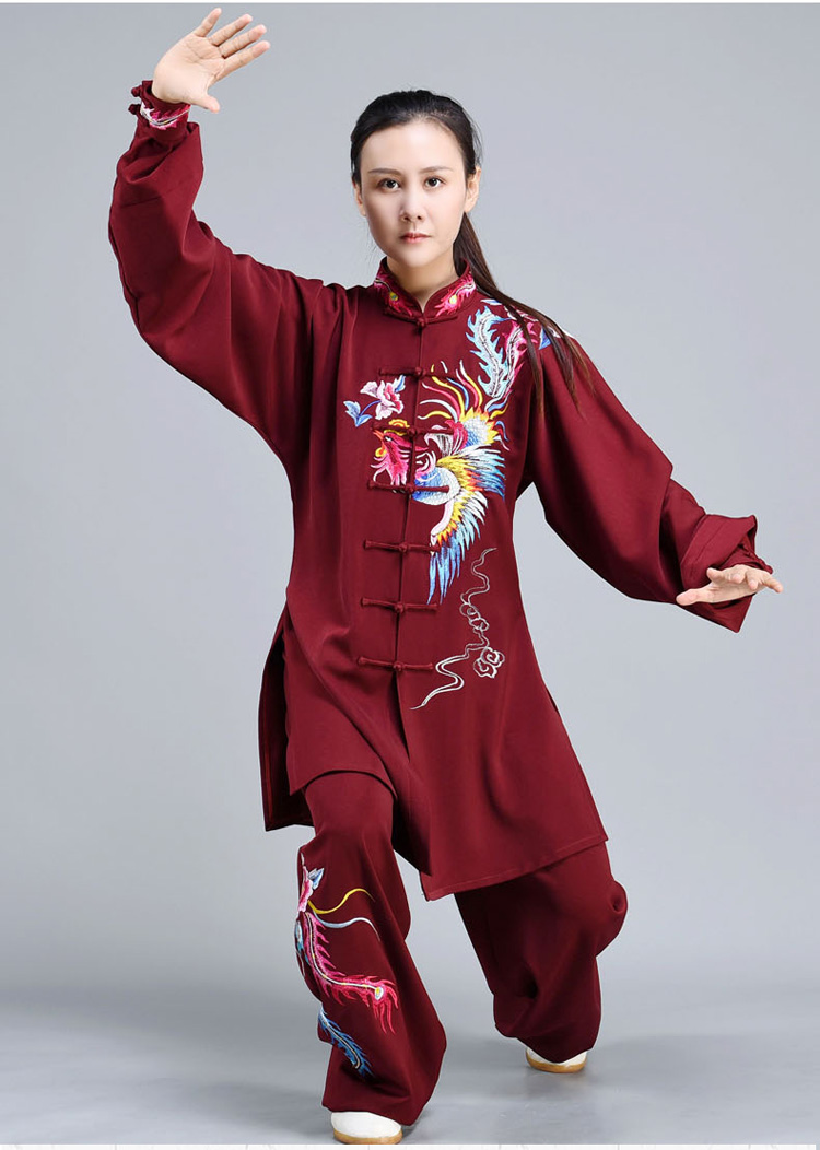 梦太极新款男女龙凤太极服春夏透气天丝麻枣红修身款中国风表演服