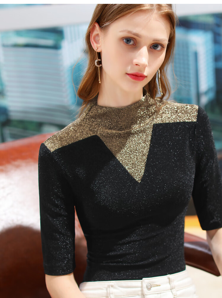 中袖t恤女欧洲站2021春小衫亮丝半高领拼接欧货小衫紧身上衣 黑色金领