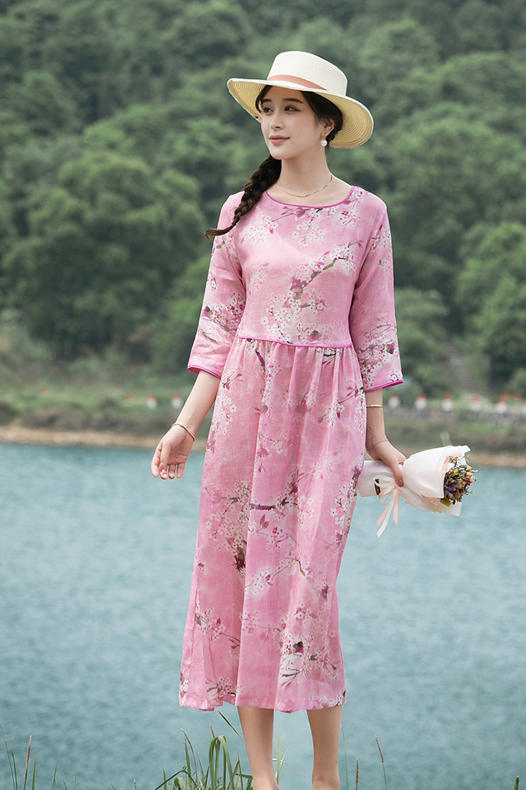 裳冉春夏苎麻文艺大花复古长裙子气质仙裙森系民族风连衣裙 湖蓝色