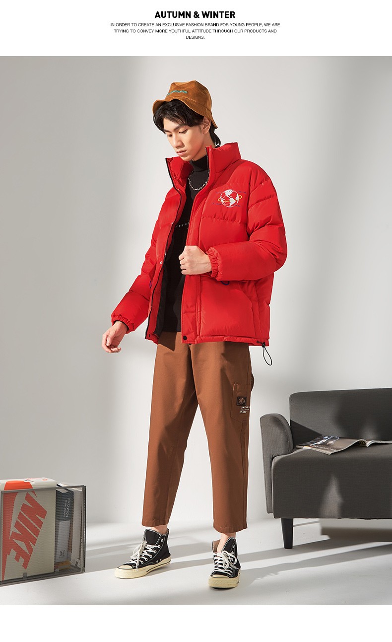 a21奥特莱斯男装新款宽松立领长袖开胸纯色时尚潮男厚羽绒外套大红m