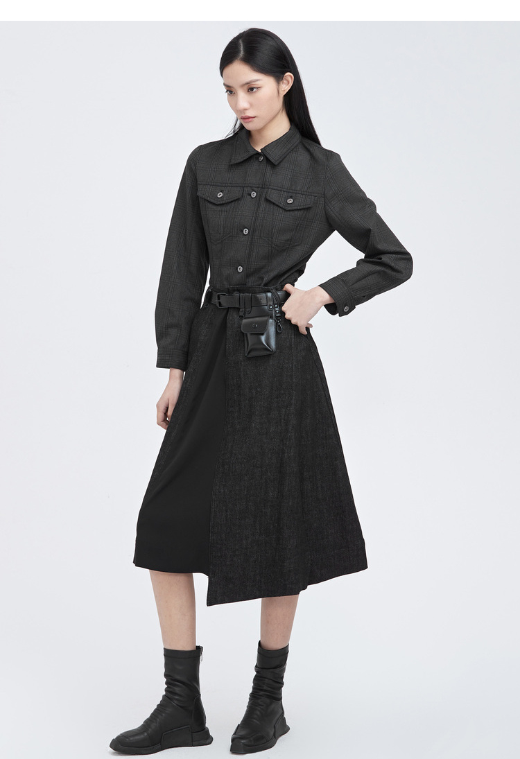 sdeer圣迪奥女装休闲翻领撞色格纹不规则衬衫s21480507深灰97s160