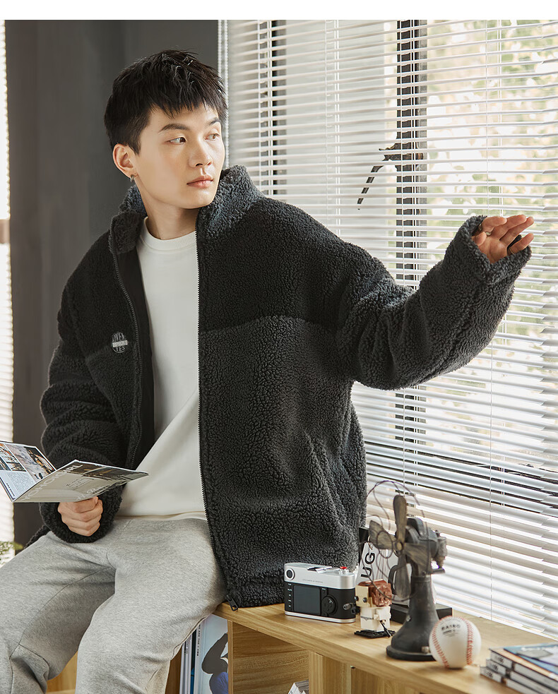 唐狮外套男2022冬装新款拼接仿羊羔绒加厚保暖休闲男士夹克易穿搭