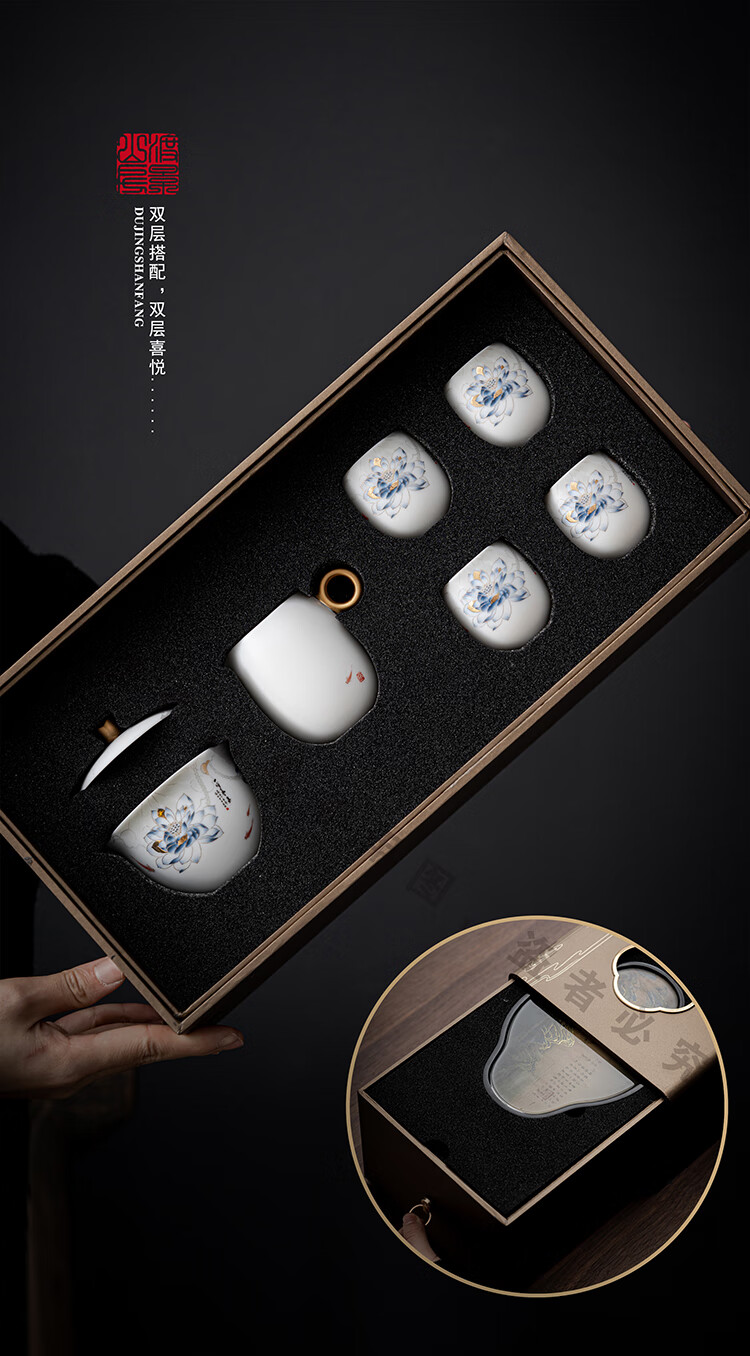 德化陶瓷旗舰店渡景山房羊脂玉白瓷茶具套装家用客厅小套陶瓷功夫盖碗