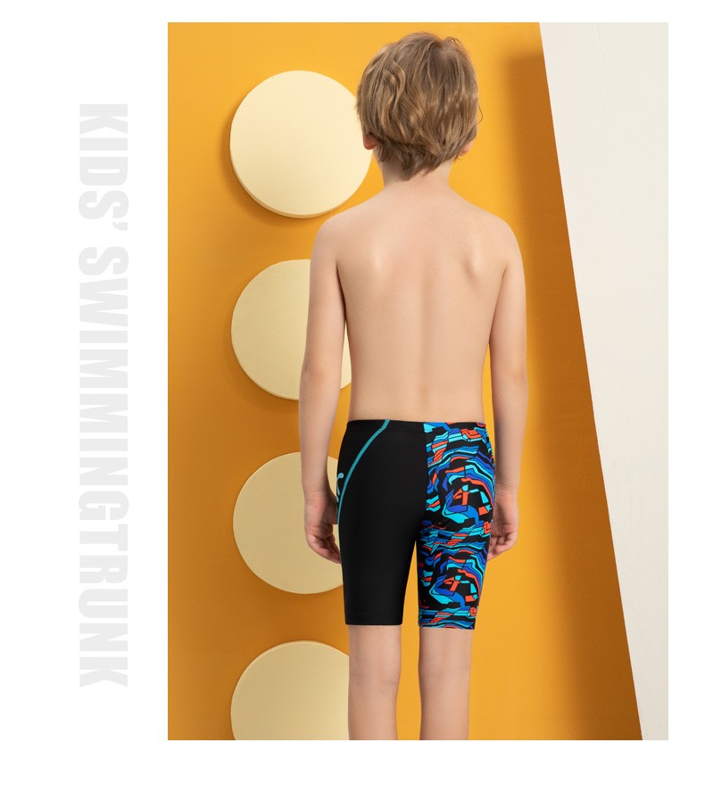 英发新款男童泳裤及膝平角青少年儿童游泳裤速干舒适泳装温泉裤黑拼蓝