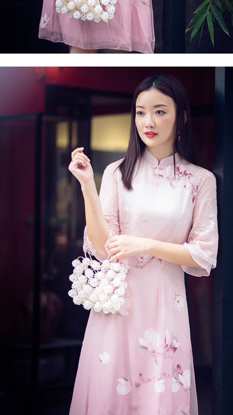 逸红颜旗袍女夏 兰玉白 2022年新款中长款舒适透气雅致连衣裙 春梅粉
