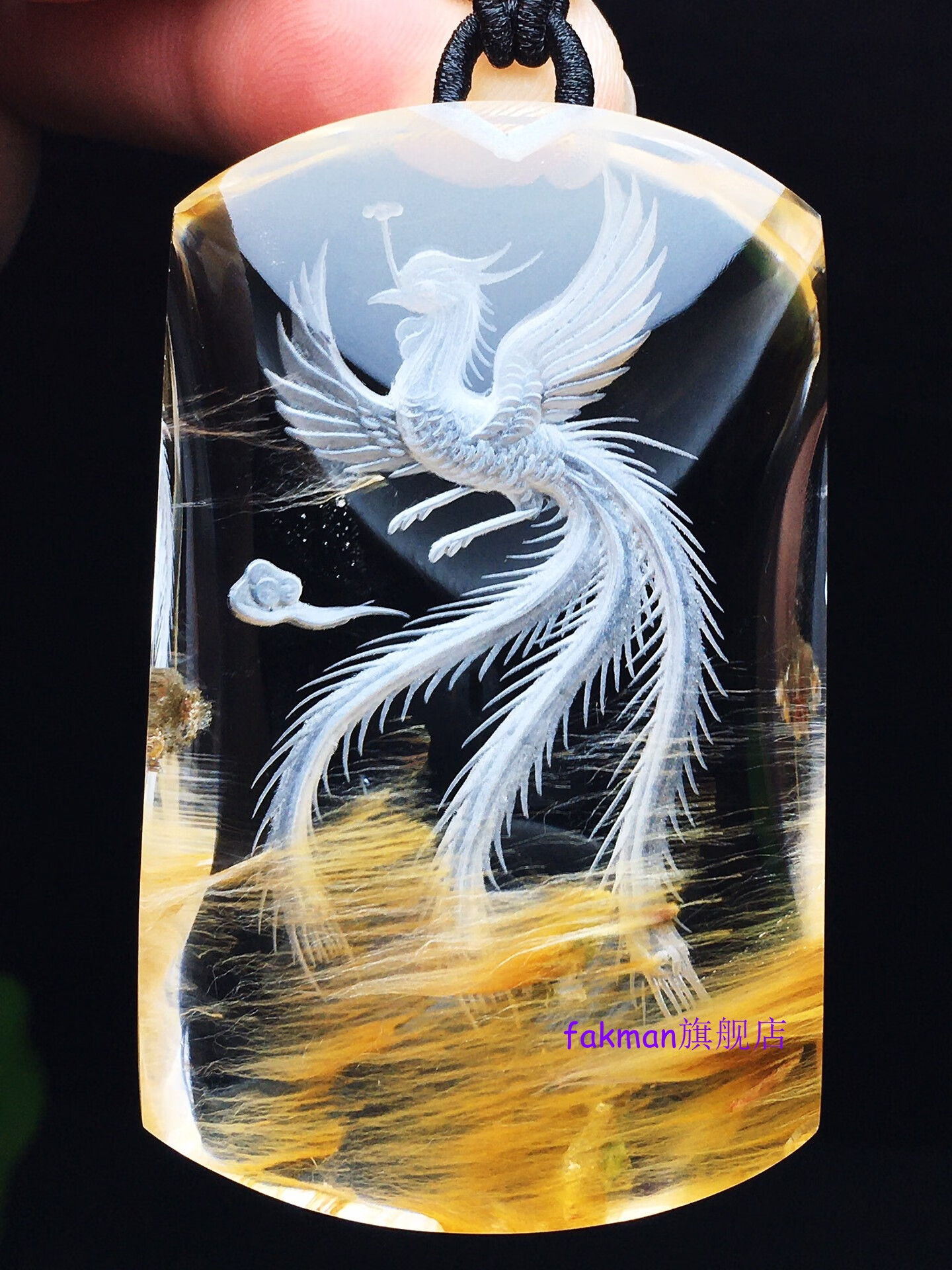 老鳯祥云同款天然彩绿幽灵金发晶黄红胶花黄兔毛白水晶内雕凤凰吊坠