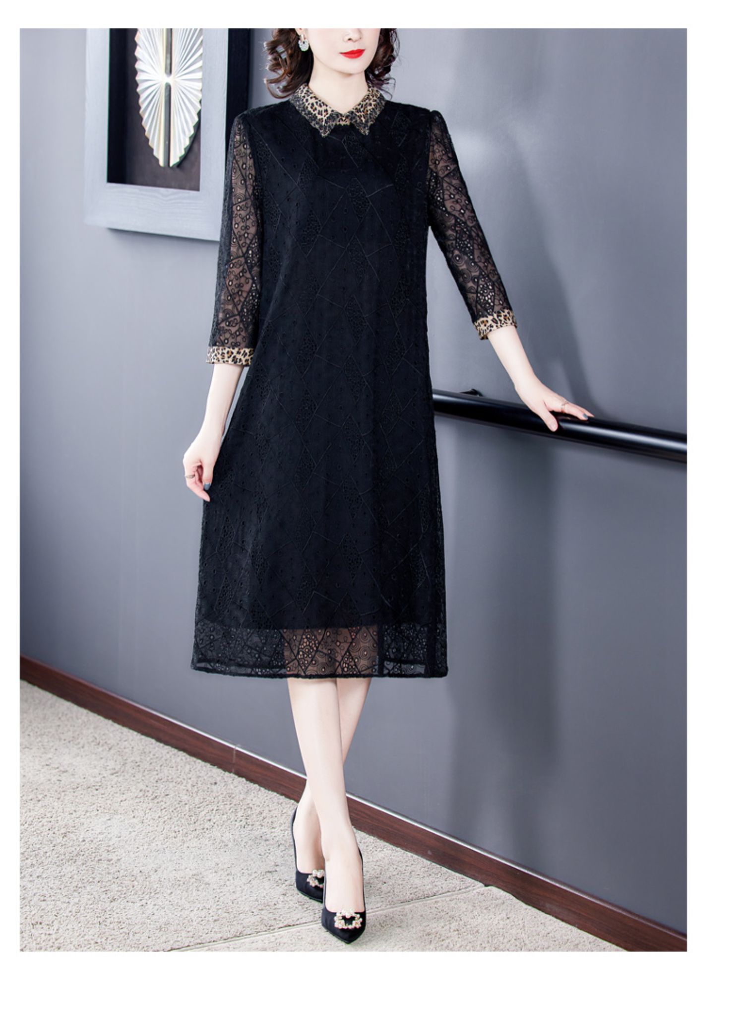 声雨竹品牌女装专柜正品同款豹纹蕾丝连衣裙女春秋长袖高端洋气名媛