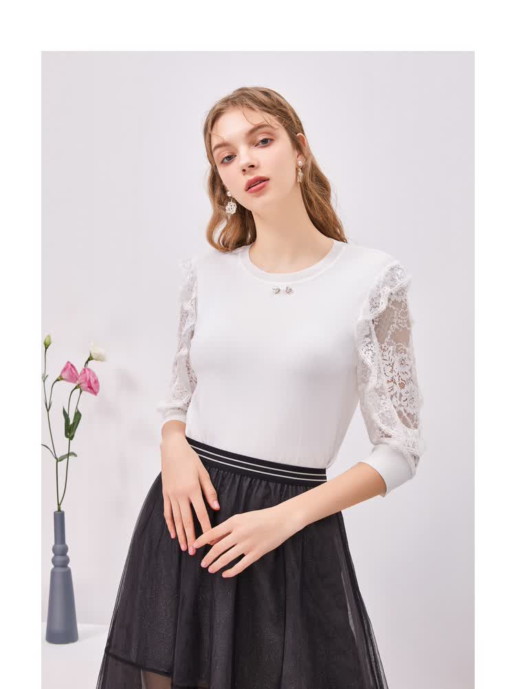 蕾丝拼接针织衫女佳人苑2021春季新款七分袖圆领修身显瘦白色线衫 本
