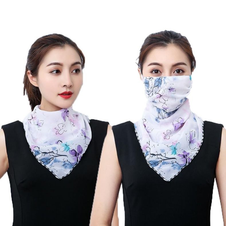 夏季防晒三角丝巾围脖口罩女护颈透气面罩遮脸雪纺薄面纱 3#郁金香白