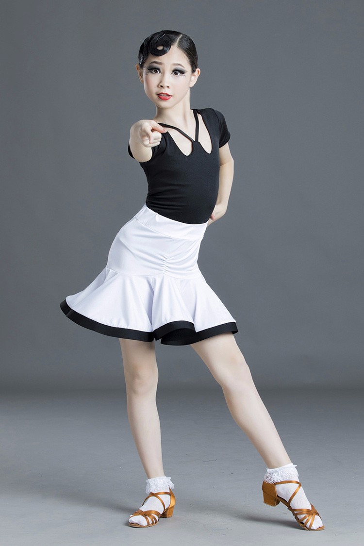 拉丁舞练功服女儿童演出比赛裙分体短袖训练服舞蹈表演服装夏 白色