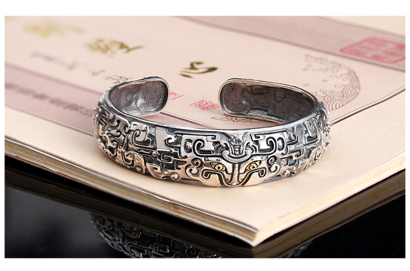饕餮手镯足银开口男士个性复古神兽随身潮人中国风男女款项链饕餮手镯
