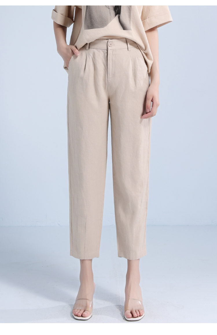 梦舒雅女裤 亚麻哈伦裤显瘦2022夏季新款百搭高腰小脚休闲裤子 藏青