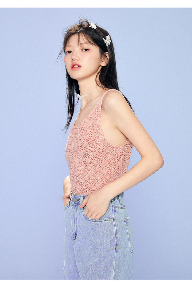 新品乐町2020新款吊带背心气质钩针背心外穿可爱学生气质内搭粉色现货