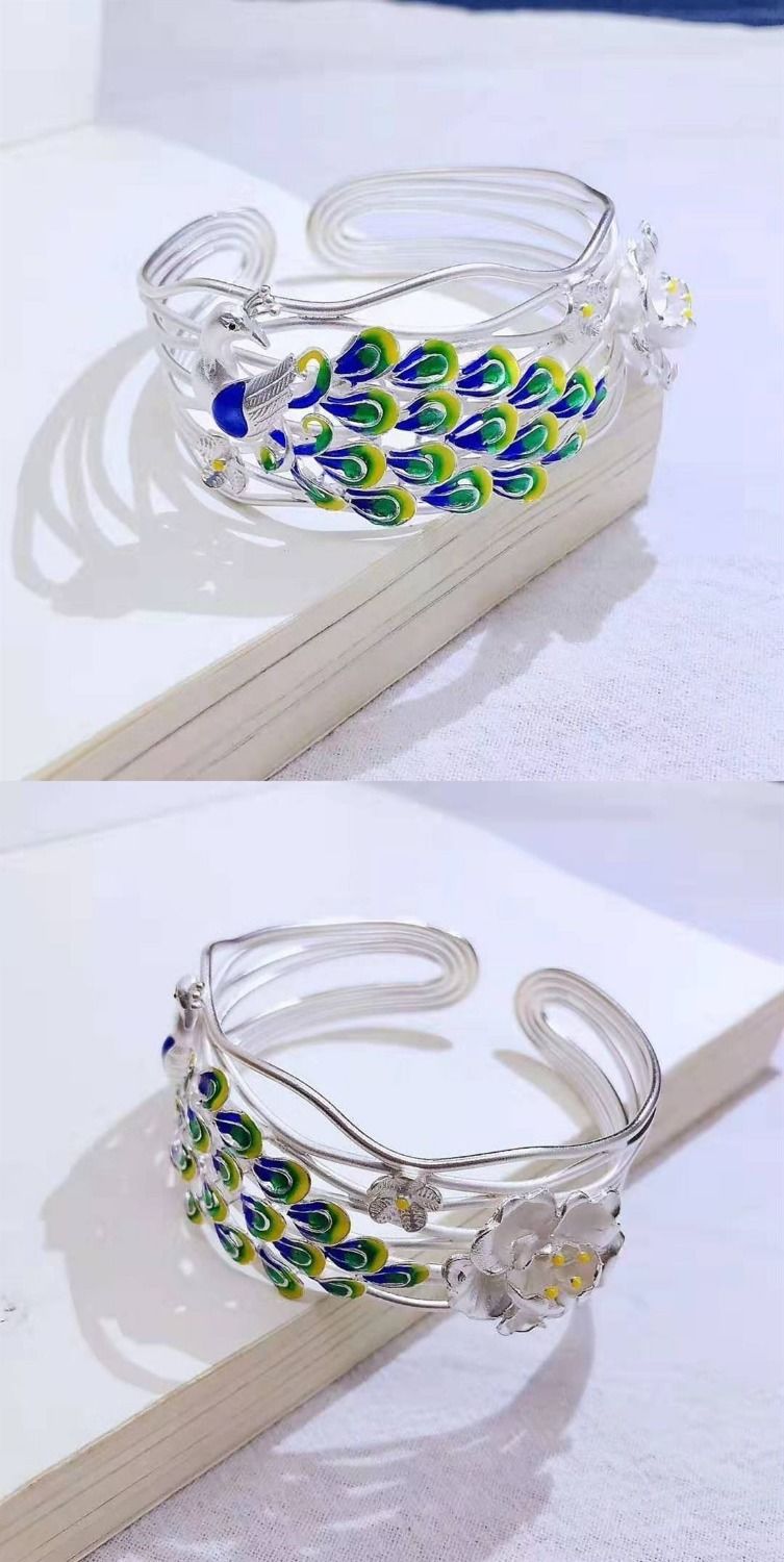 s999民族风复古典雅足银镯子孔雀镂空宽面纯银手镯女