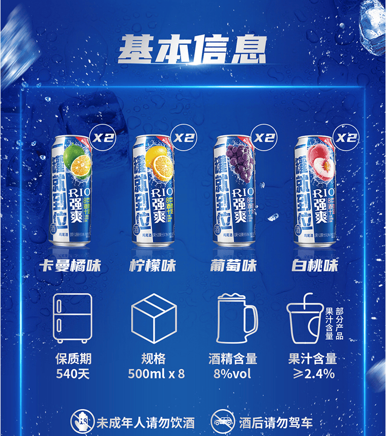 rio锐澳洋酒鸡尾酒果酒强爽系列8度500ml6罐葡萄
