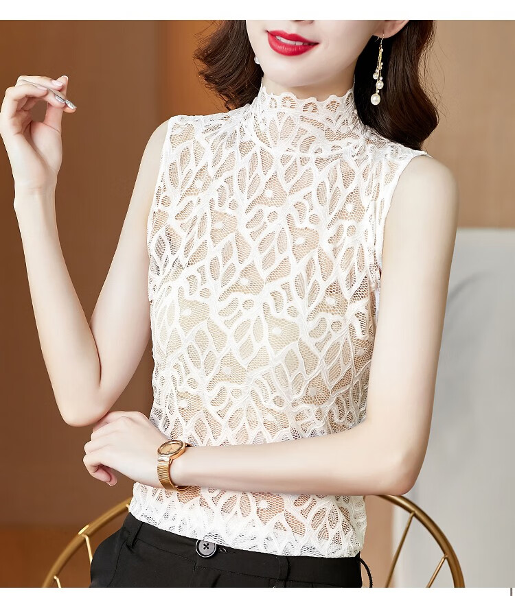 高端女装无袖蕾丝衫女秋透视大码弹力修身显瘦内搭半高领打底背心上衣
