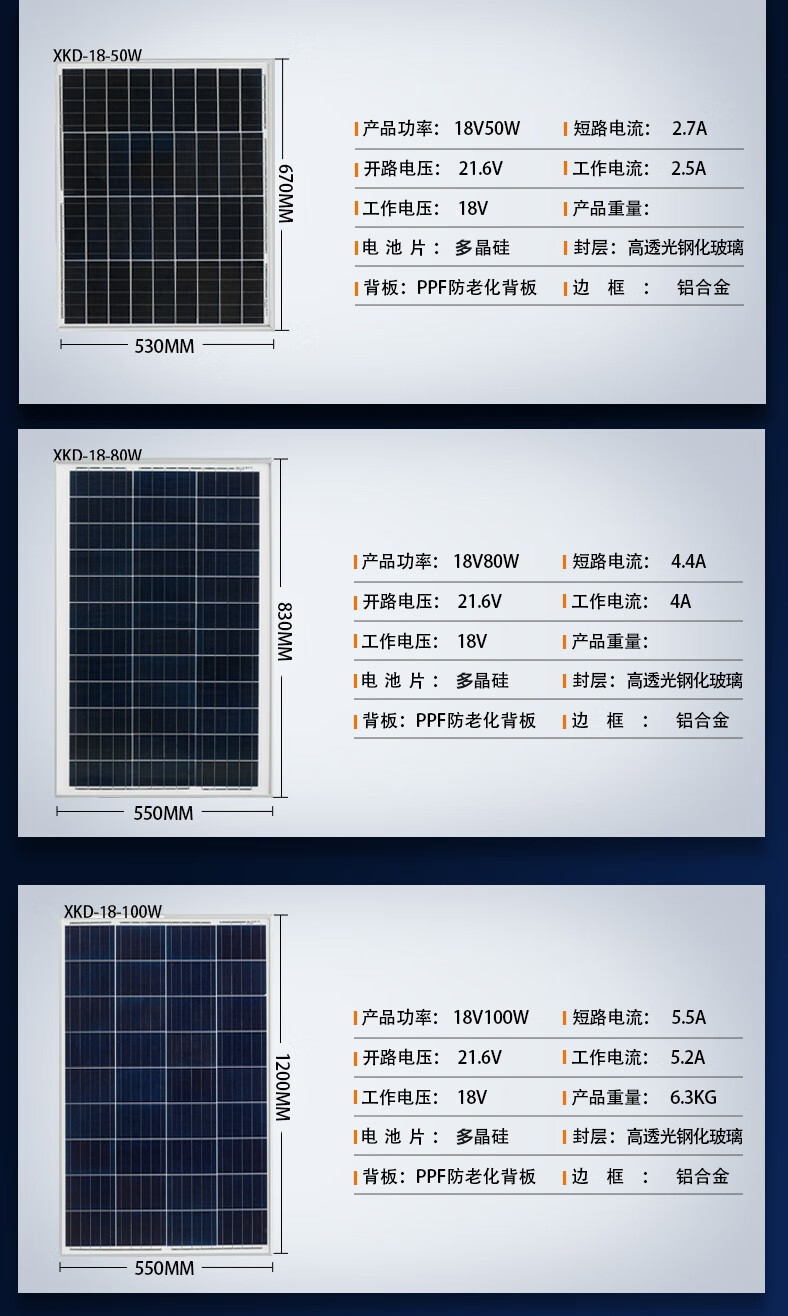 希凯德多晶硅太阳能电池板100w200w300w家用光伏发电板充电板1224v