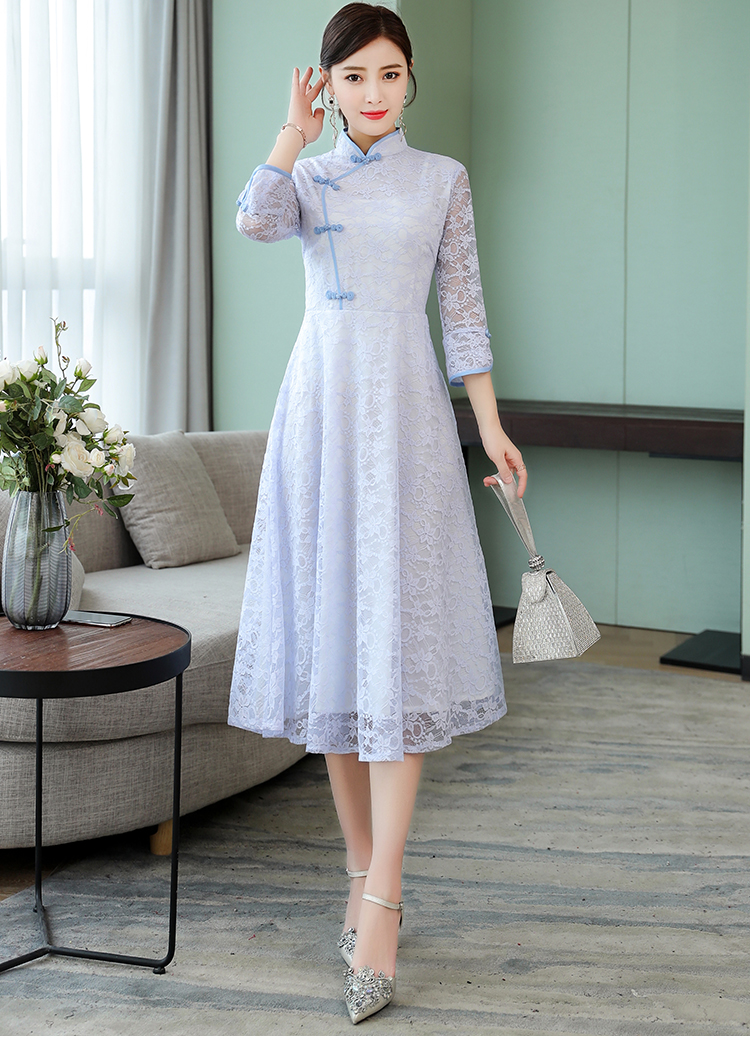 恒源祥商场同款21年夏装新款蕾丝改良旗袍裙子中国风复古气质七分袖中