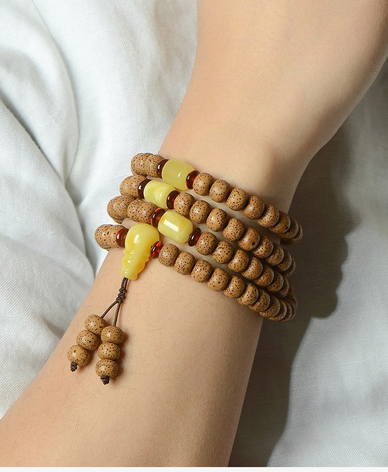 今古楼jingulou海南星月菩提陈籽南红蜜蜡配饰108颗佛珠手串手链品鉴