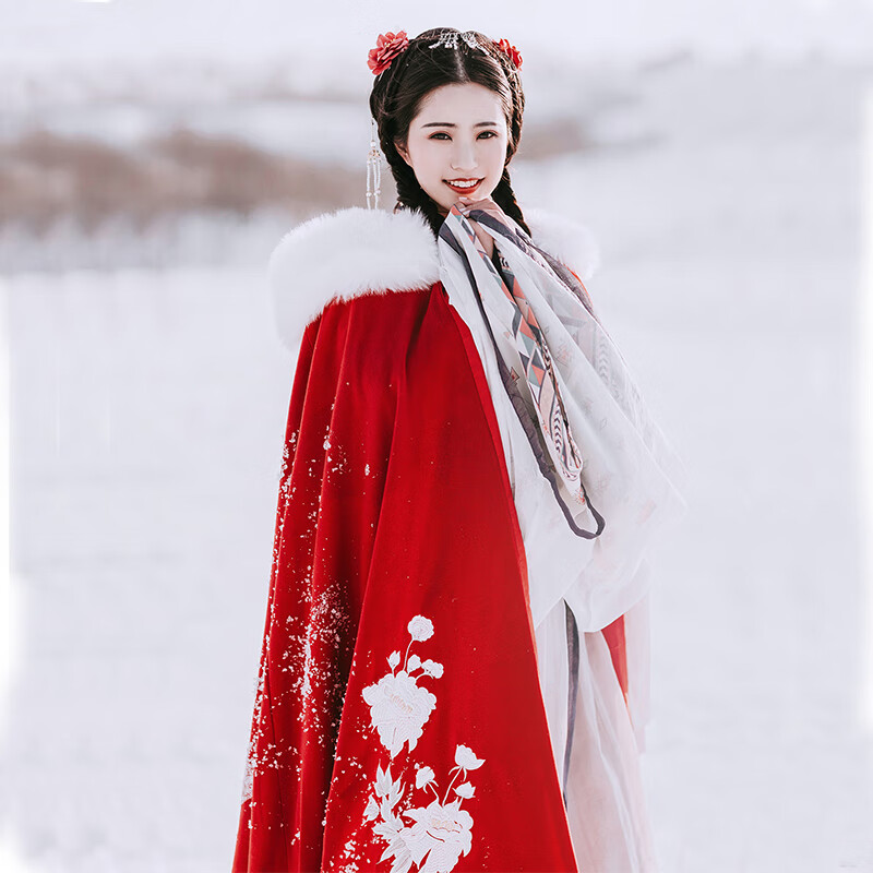 梵优美(fanyoumei) 汉服秋冬斗篷披风蓝女白色长款毛领加绒加厚中国风