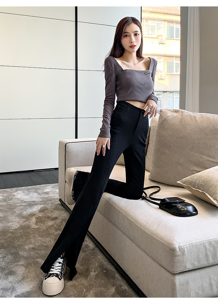 高腰开叉休闲裤女2021春季新款百搭个性显瘦垂感拖地喇叭裤 灰色 s